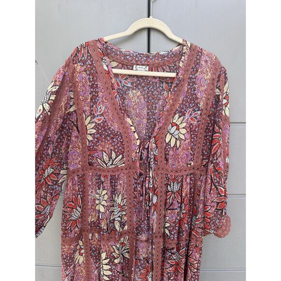 Free People Maxi Kimono Sheer Floral Rose Combo Robe Duster Cover-Up Sz M/L Boho - Picture 9 of 16